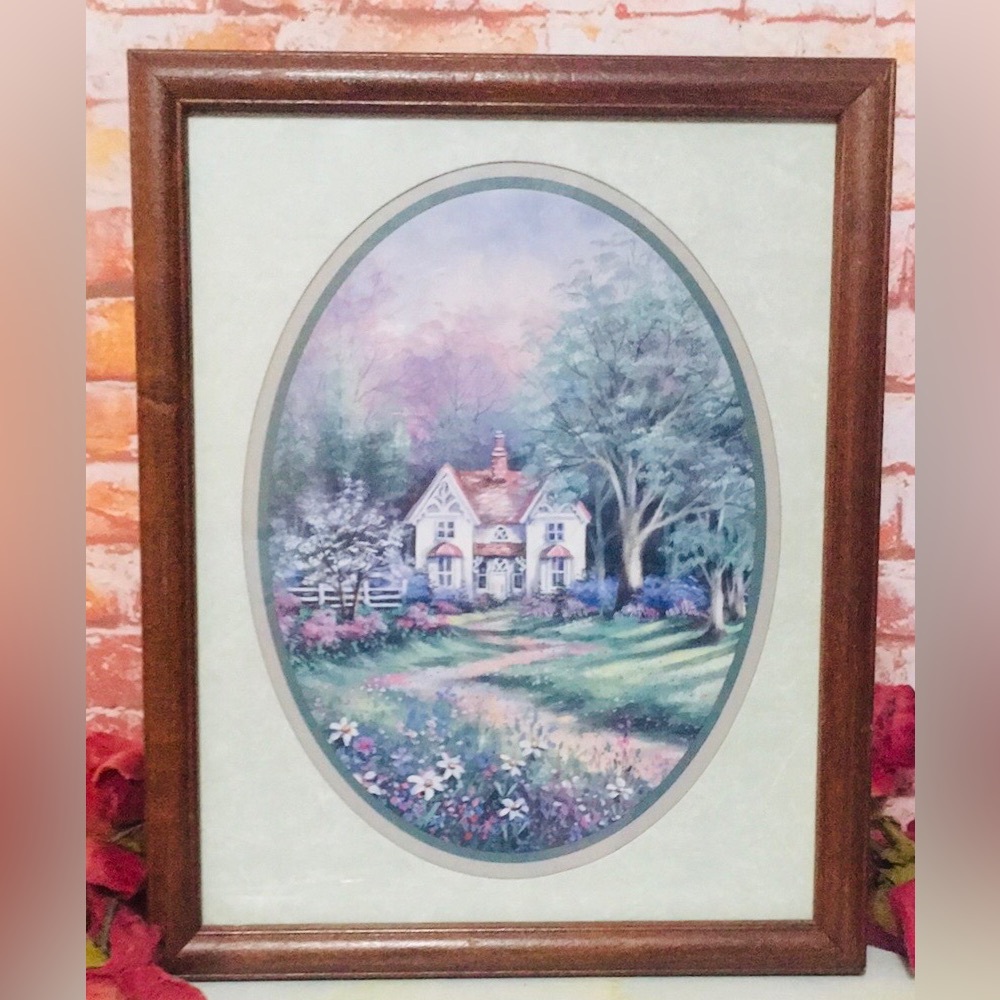 Vintage 90s Home Interior Framed Spring Meadows Country Cottage Print